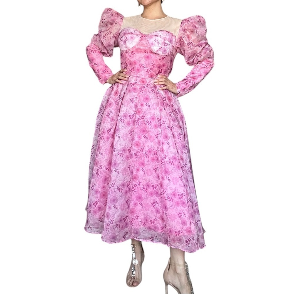 Dreamy Pink Floral Puff-Sleeve Midi Dress | Decorative Buttons | Size Small - Picture 5 of 16